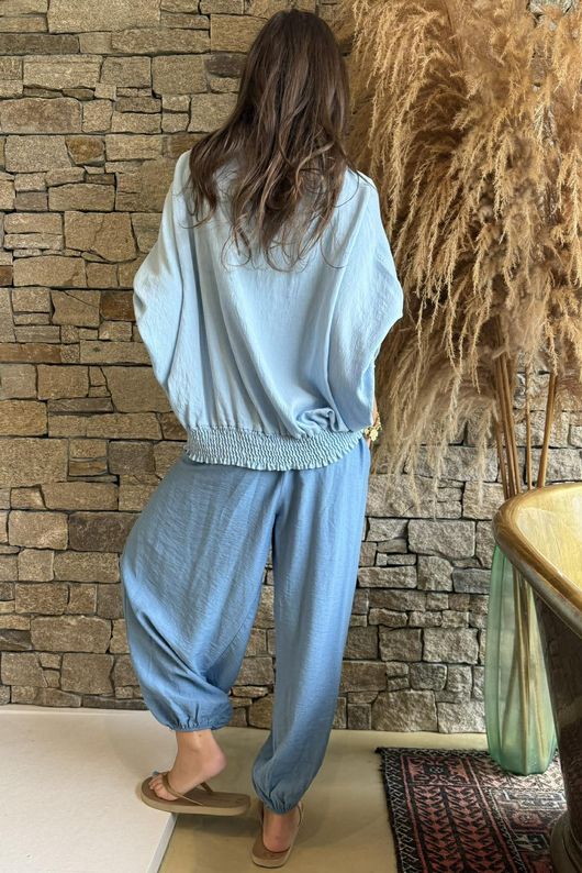 Basso Button Drape Batwing Shirt Baby Blue